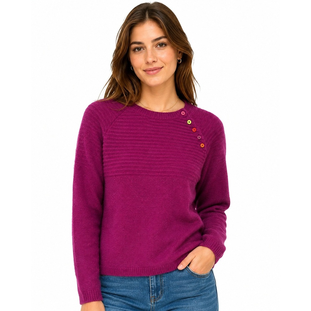 Tabitha Webb Lambswool Sweater Large Pink Rainbow Buttons Preppy Whimsical Knit